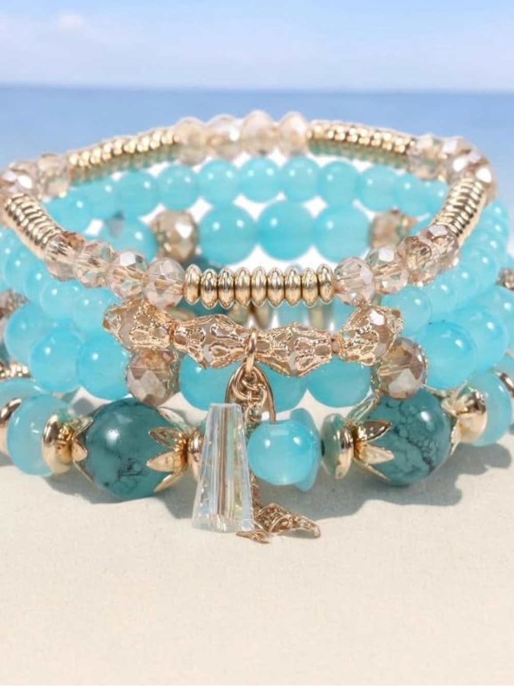 Turquoise & Gold Layered Beaded Bracelet Stack - Women Jewelry - Picture 4 of 5
